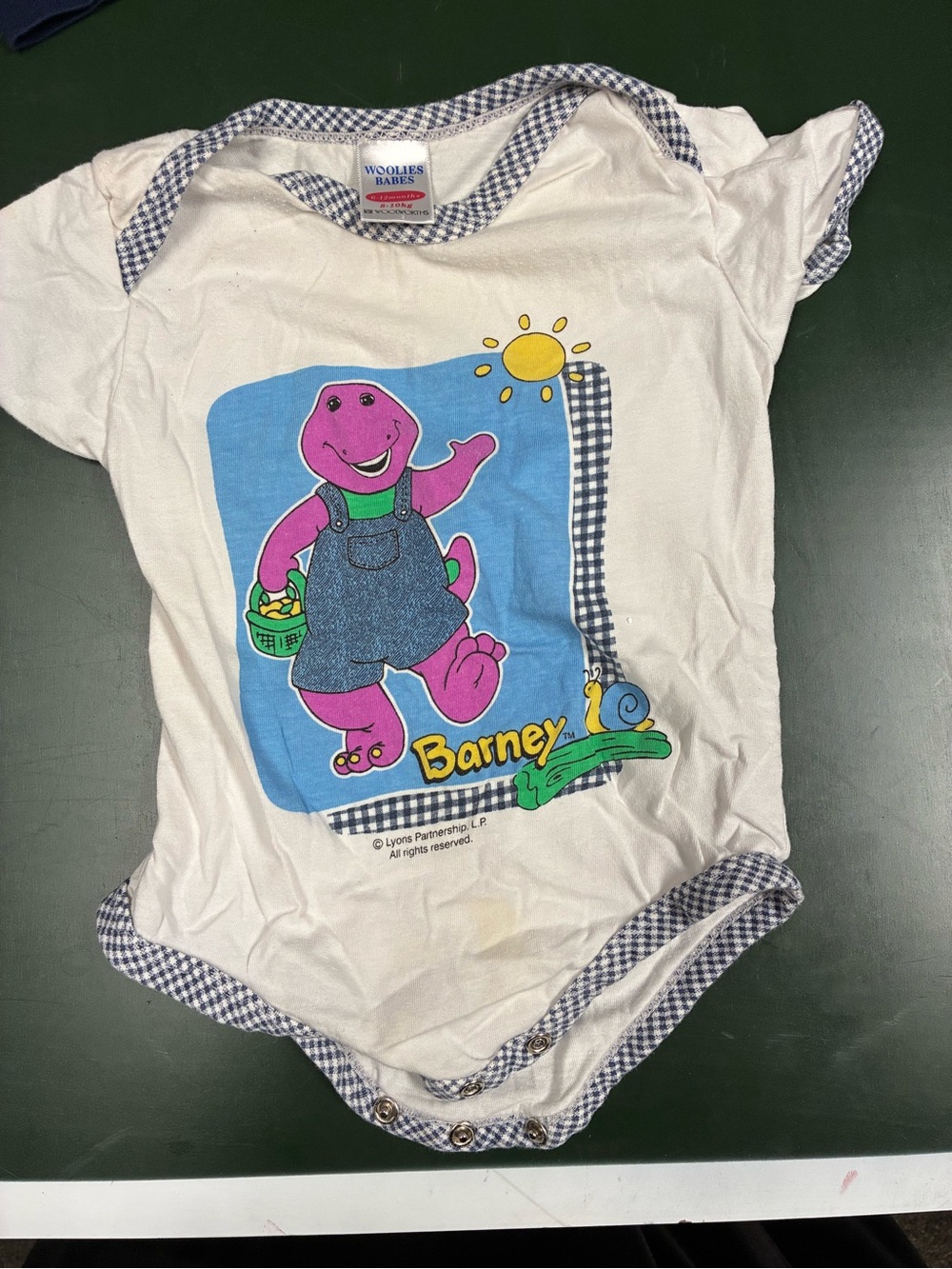 Vintage Barney Cartoon Gingham Baby Onesie